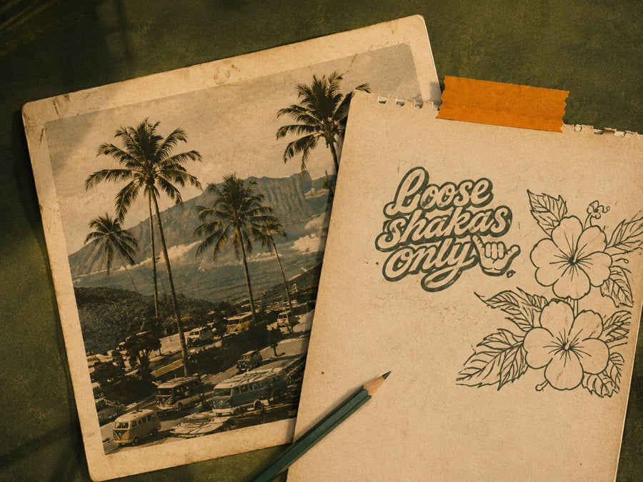 Vintage postcard beside a pencil sketch of the Loose Shakas Only logo