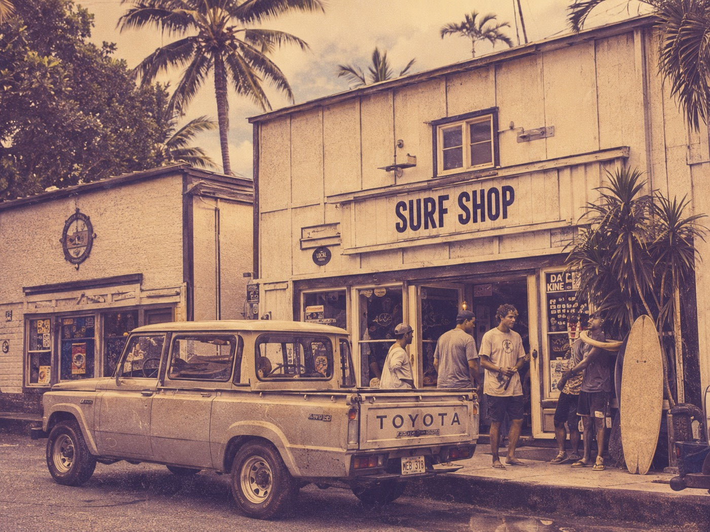 Pickup truck parked outside a weatherboard surf shop