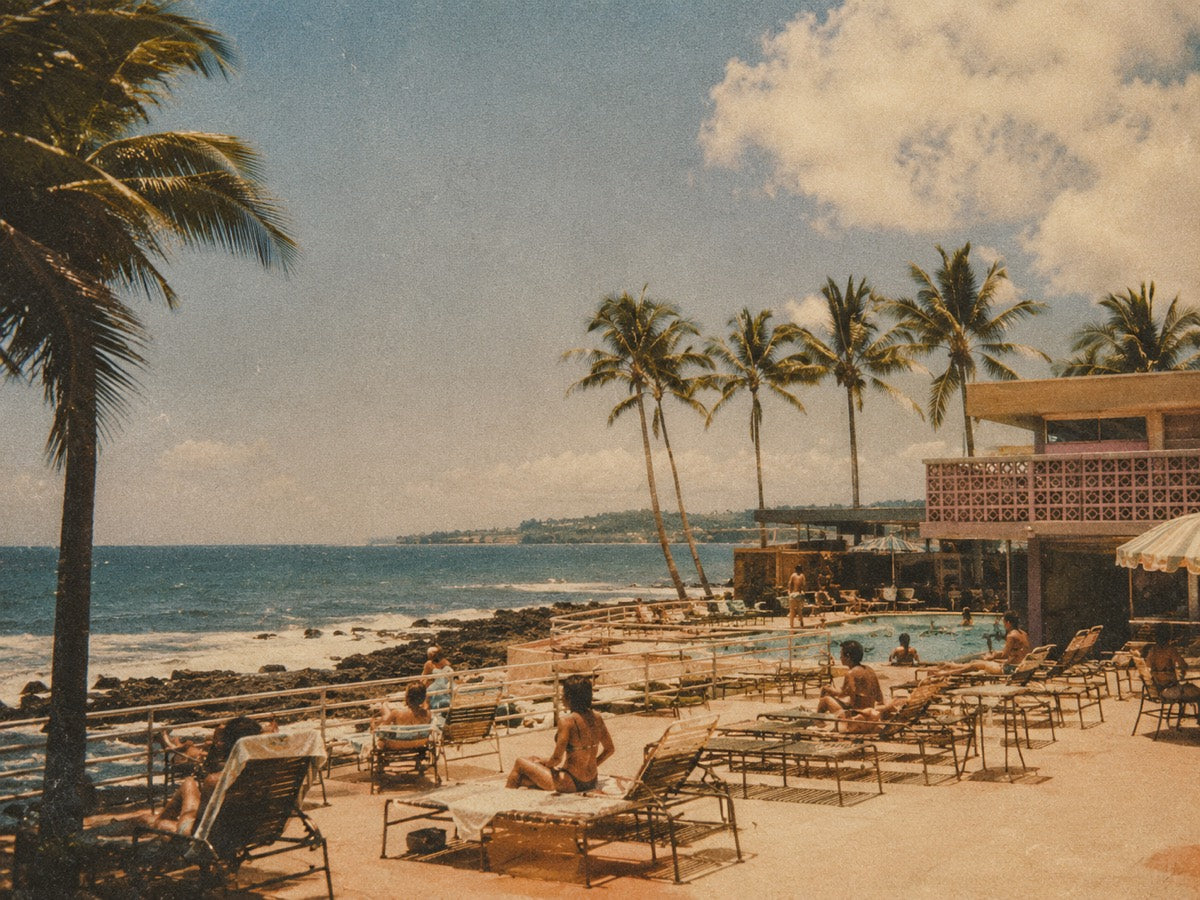Hotel pool deck at the edge of the water